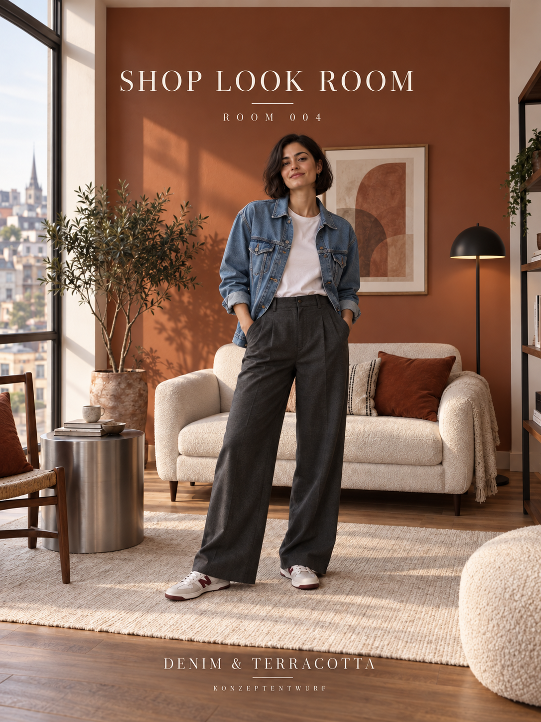 ROOM 004: KI-Konzept mit Denim-Outfit, cremefarbenem Sofa und warmen Terracotta-Tönen.