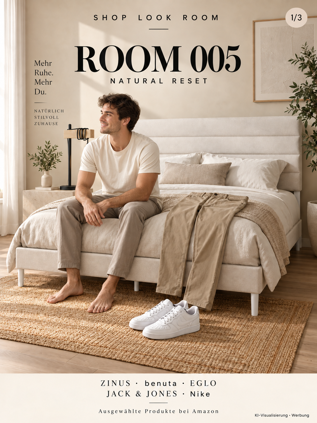 ROOM 005: KI-Visualisierung eines hellen Schlafzimmers mit junger erwachsener Person auf dem Bett, beiger Hose und weißen Sneakern.