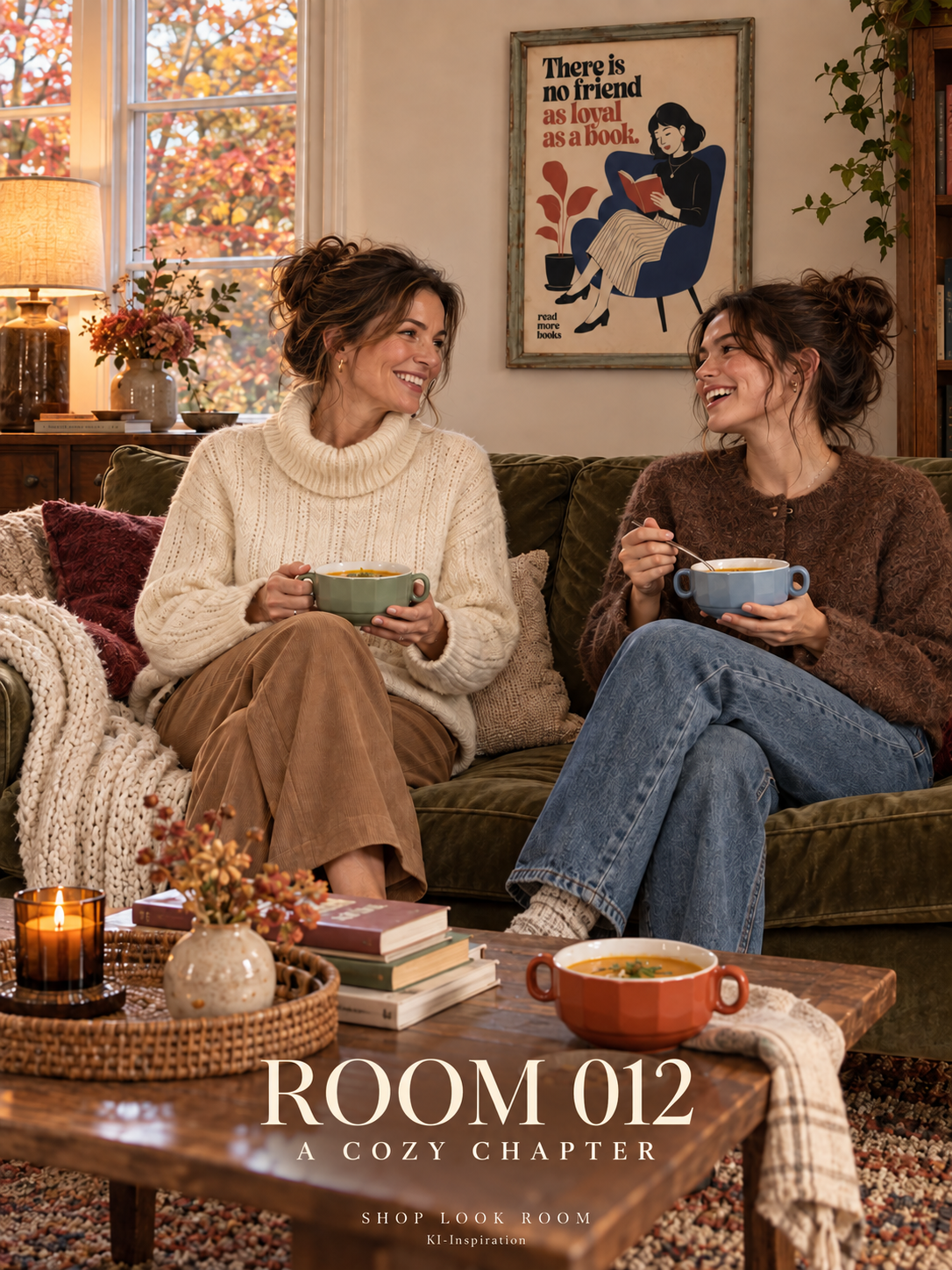 ROOM 012: Mutter und erwachsene Tochter in warmen Stricklooks mit Suppentassen und einem Leseposter. KI-Visualisierung.