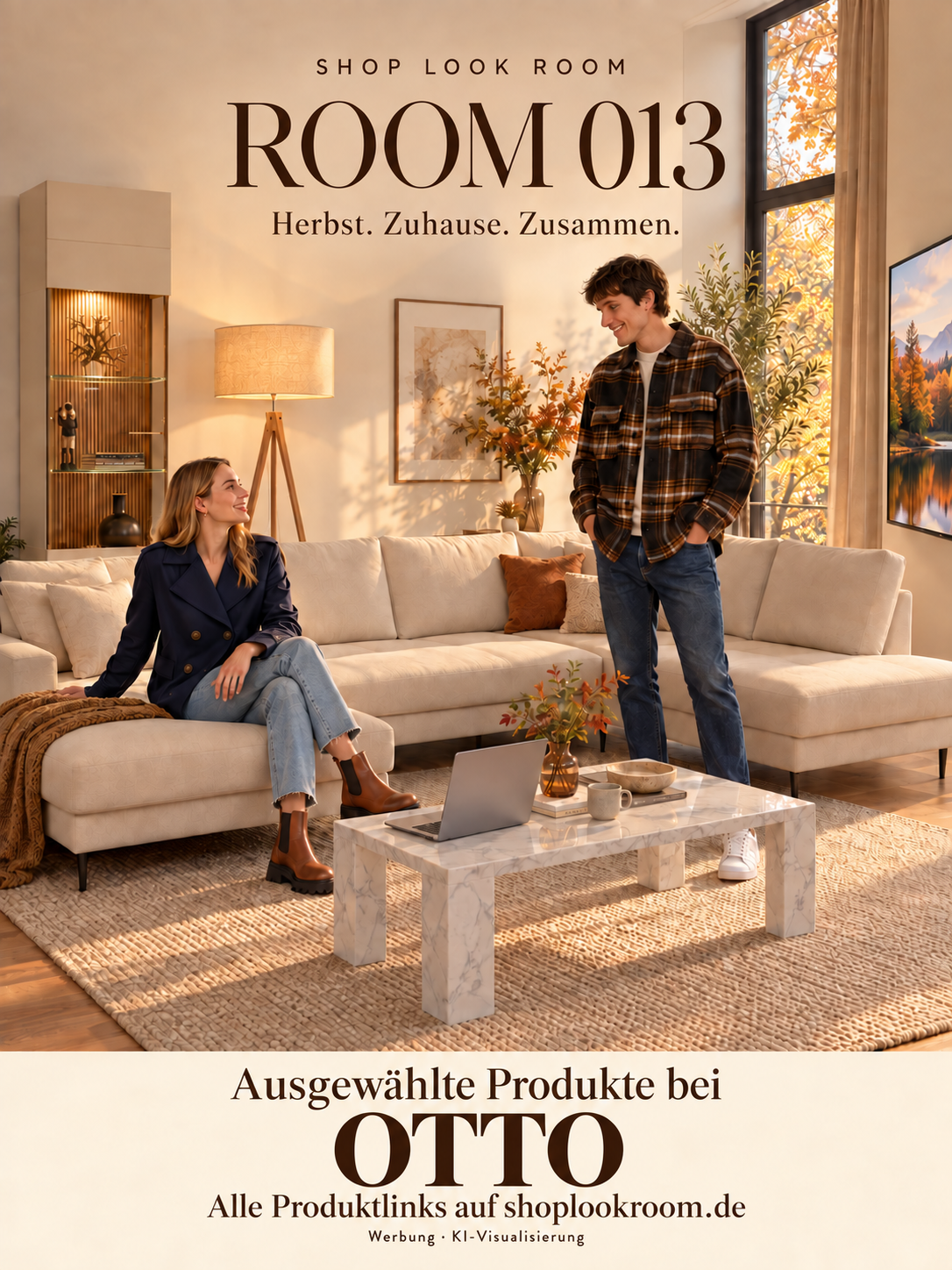 ROOM 013: Herbstliches Wohnzimmer mit Frau und Mann, cremefarbener Wohnlandschaft und ausgewählten OTTO-Artikeln. KI-Visualisierung.