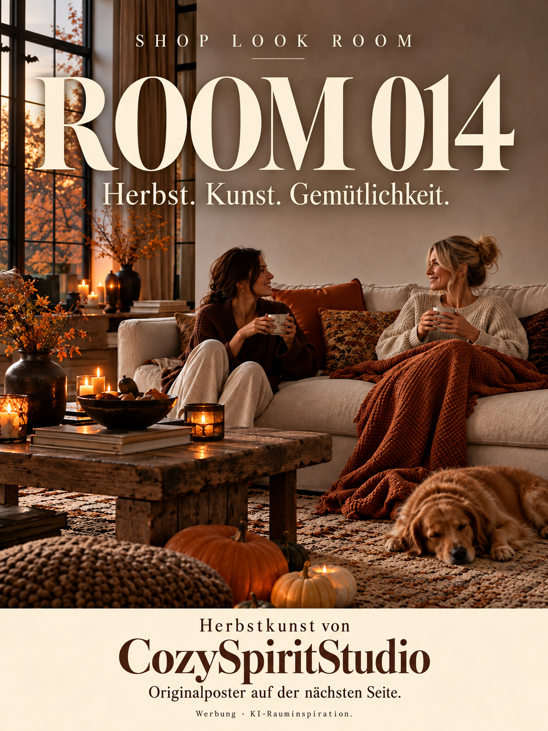 ROOM 014: gemütliche KI-Rauminspiration in Creme-, Rost- und Brauntönen mit Sofa, Decken, Kerzen und Hund