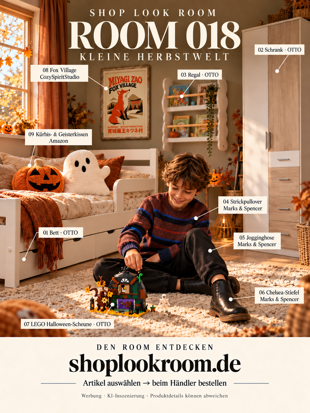 ROOM 018 – Kinderzimmer für Herbst und Halloween: KI-Inszenierung mit neun nummerierten Produktreferenzen