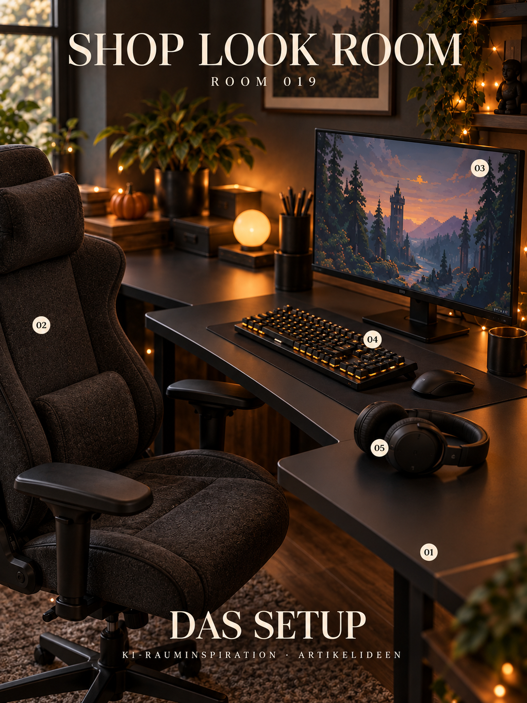 ROOM 019: Nahaufnahme des Gaming-Setups mit Artikelnummern 01 bis 05