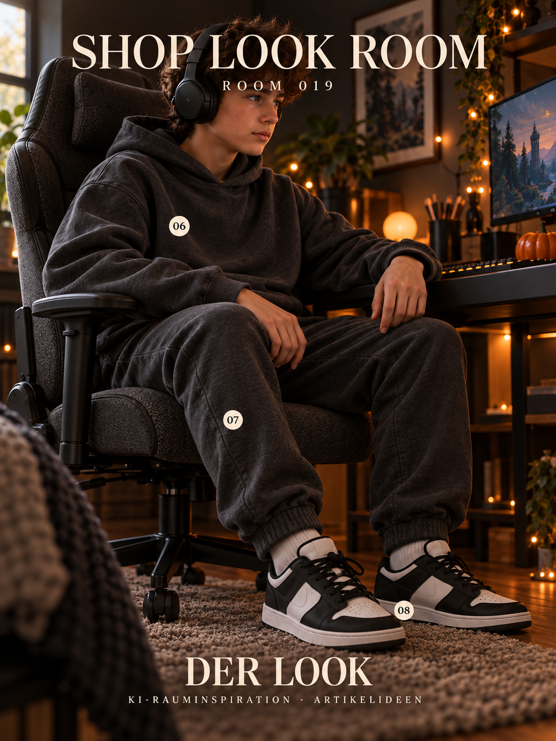ROOM 019: Outfit-Nahaufnahme mit Hoodie, Jogginghose und Sneakern, Artikelnummern 06 bis 08
