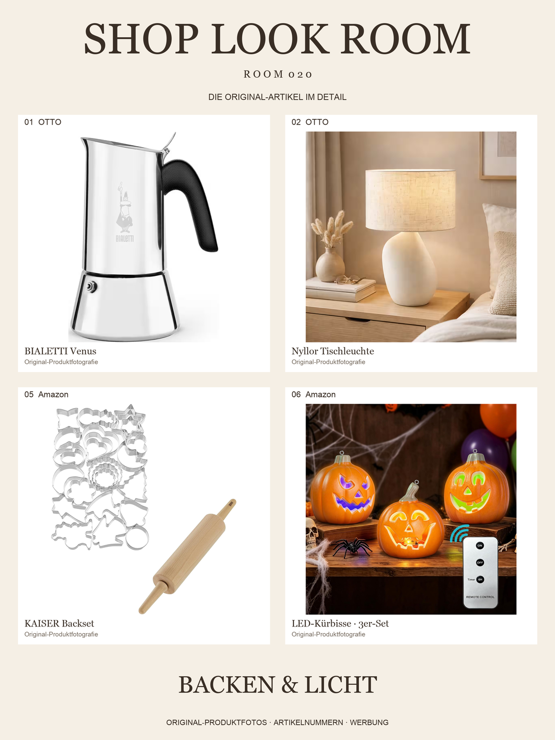 Original-Produktfotos: BIALETTI Venus, Nyllor-Leuchte, KAISER Backset und LED-Kürbisse