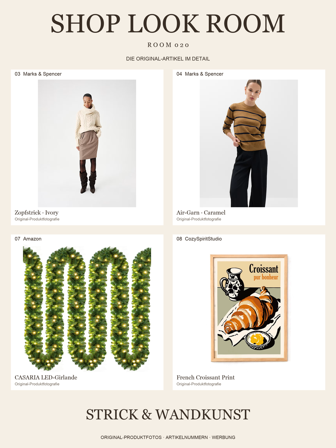 Original-Produktfotos: zwei M&S-Pullover, CASARIA Girlande und French Croissant Print