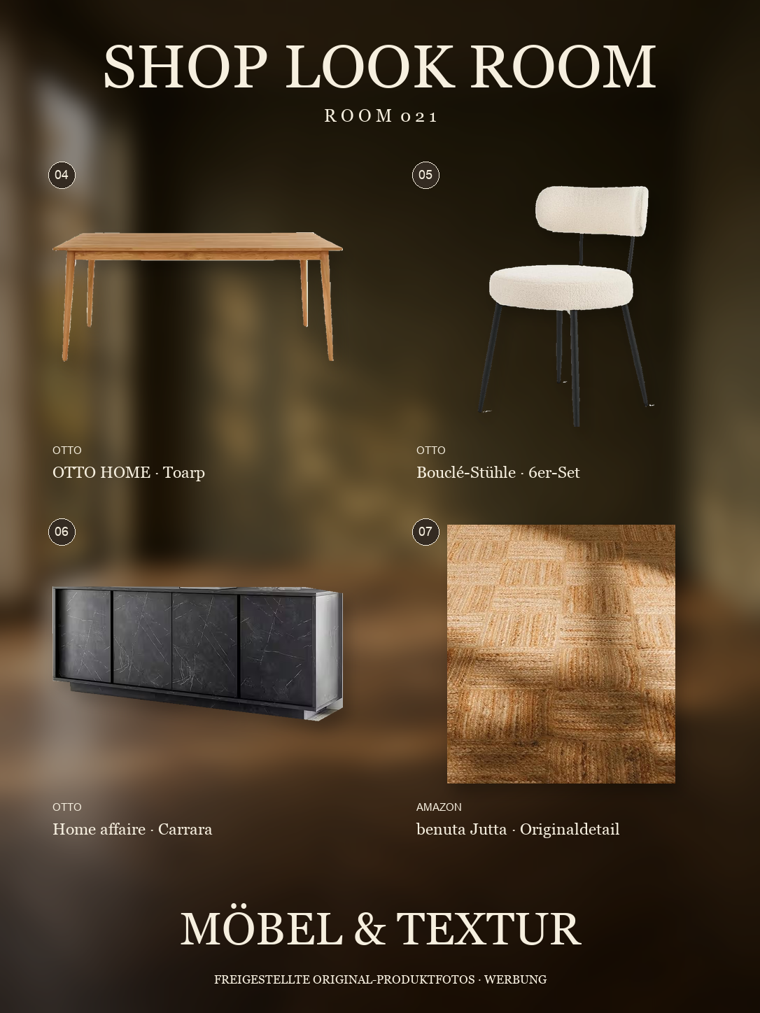 Original-Produktfotos 04 bis 07: Esstisch Toarp, Bouclé-Stuhl, Sideboard Carrara und Materialdetail des Juteteppichs benuta Jutta