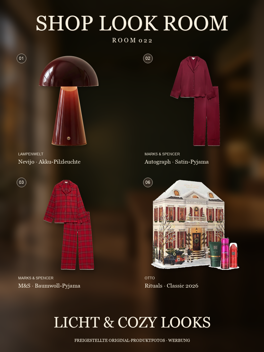 Originalartikel 01, 02, 03 und 06: Lindby Nevijo Akkuleuchte, zwei M&S Pyjamas und Rituals Adventskalender