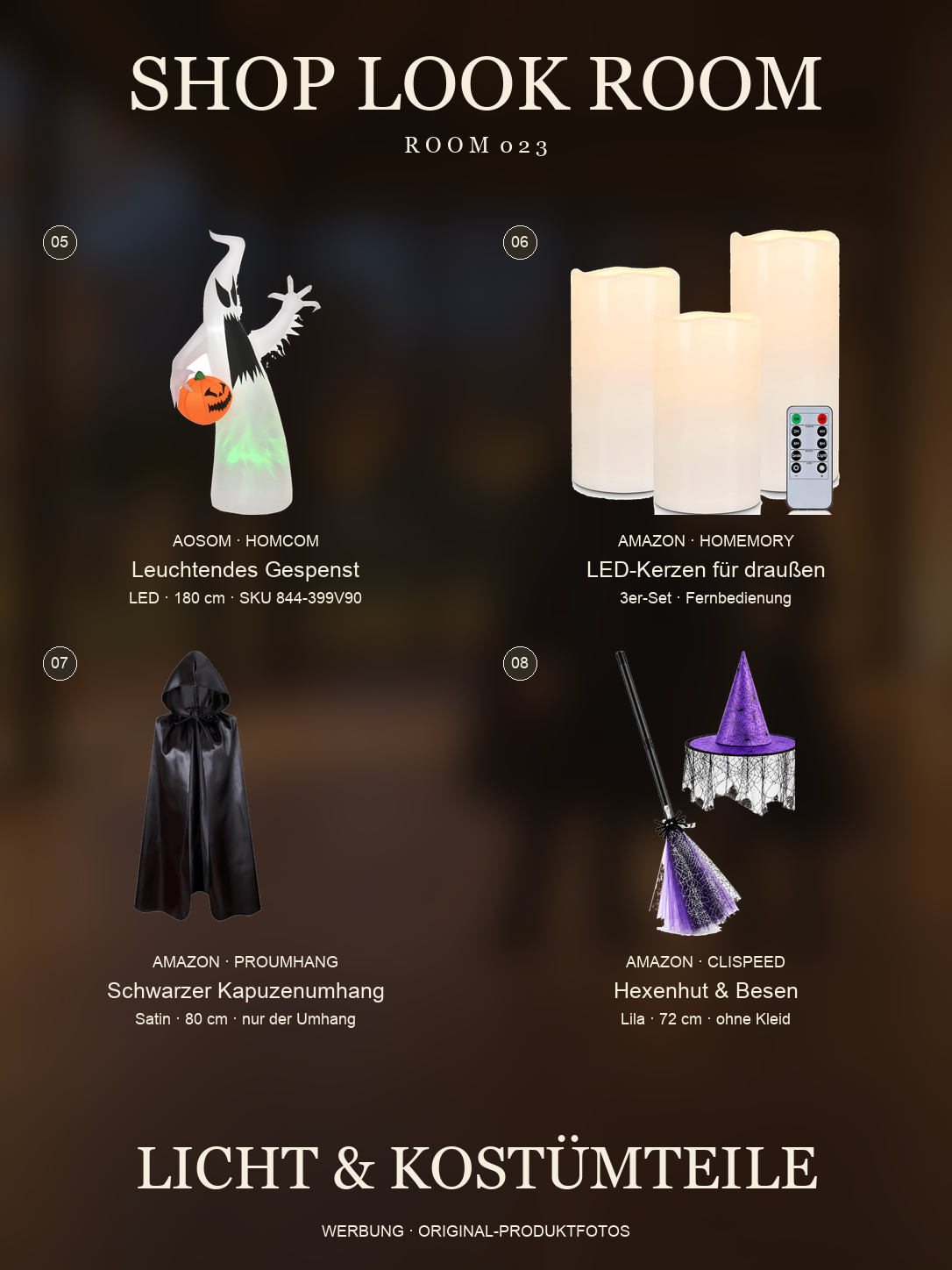 Originalartikel 05 bis 08: leuchtendes Gespenst, Homemory LED-Kerzen, schwarzer Proumhang Umhang und lila CLISPEED Hexenhut-Besen-Set