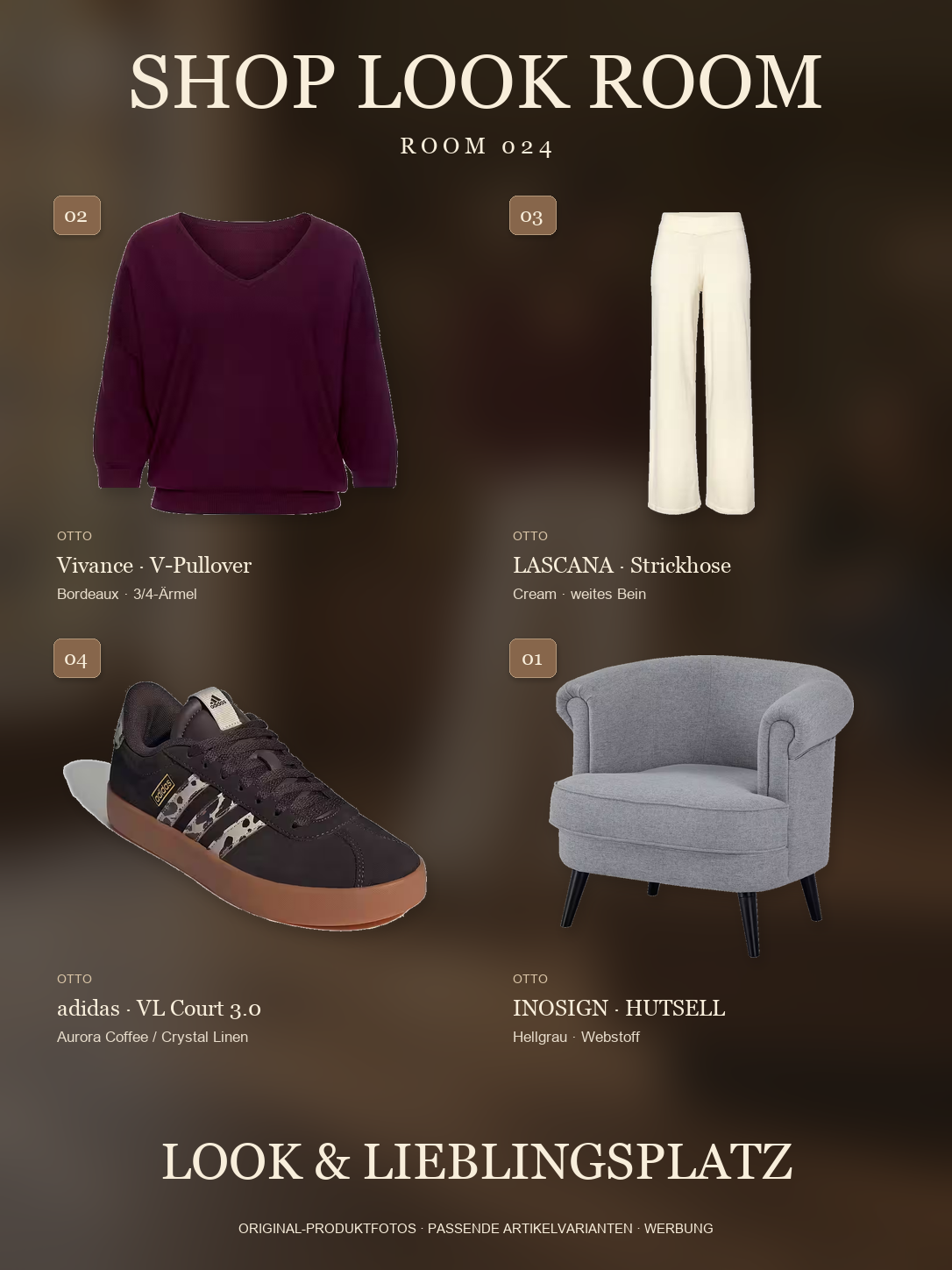 Originalartikel 01 bis 04: hellgrauer INOSIGN HUTSELL Sessel, bordeauxfarbener Vivance V-Pullover, cremefarbene LASCANA Strickhose und adidas VL Court 3.0 Sneaker