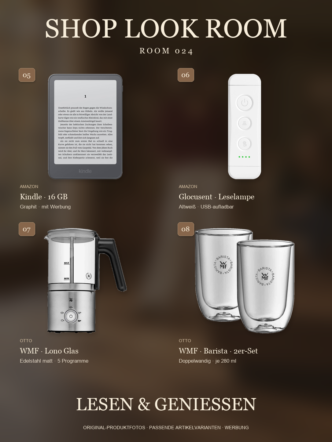 Originalartikel 05 bis 08: Kindle Graphit 16 GB, altweiße Glocusent Leselampe, WMF Lono Glas-Milchaufschäumer und WMF Barista Thermogläser