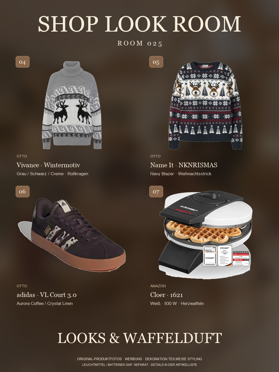 Originalartikel 04 bis 07: Vivance Winterpullover, Name It Weihnachtspullover, adidas VL Court 3.0 Sneaker und Cloer 1621 Waffeleisen